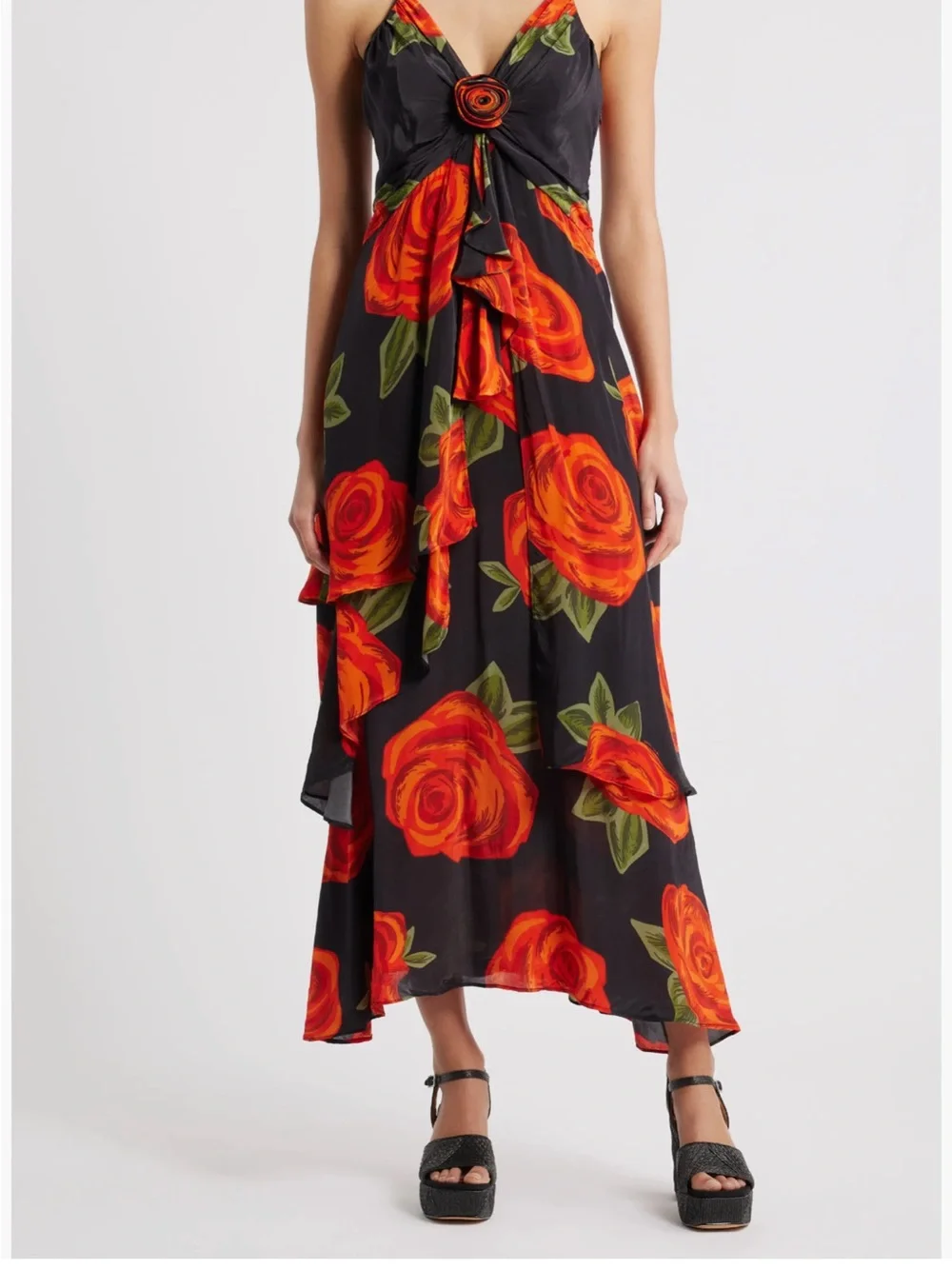 FARM Rio Black & Vivid Orange Floral Dress with Rosette - Picture 1 of 12